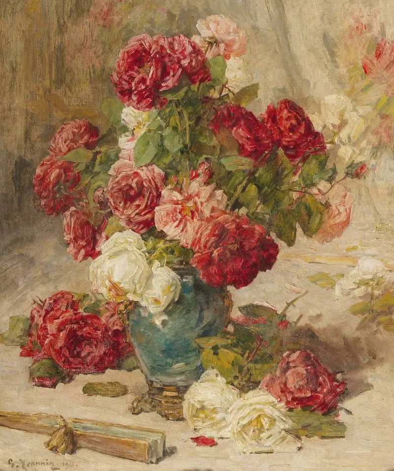 Stilleben mit Rosen in einer Vase und einem Fächer von Georges Jeannin