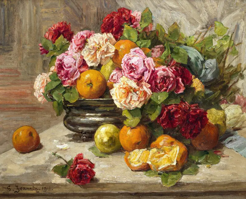 Stilleben med rosor och frukt av Georges Jeannin