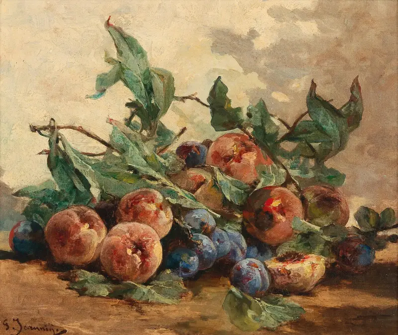 Stilleben med frukt, plommon och persikor av Georges Jeannin