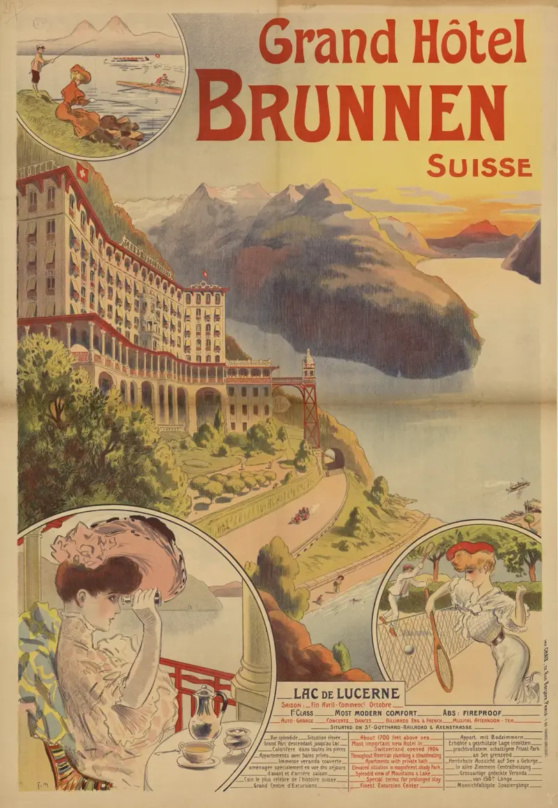 Grand Hôtel Brunnen. Schweiz. Vierwaldstättersjön. Praktfull utsikt. Den mest berömda platsen i schweizisk historia av Georges Meunier