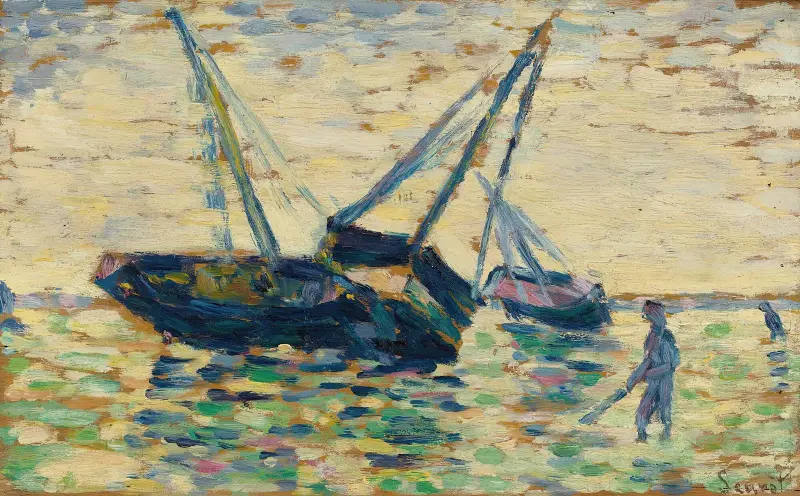 Tre båtar och en sjöman (studie för Strandningen vid Grandcamp) av Georges Seurat