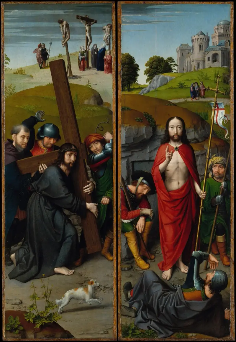 Kristus bär korset, med korsfästelsen; Uppståndelsen, med pilgrimerna i Emmaus av Gerard David