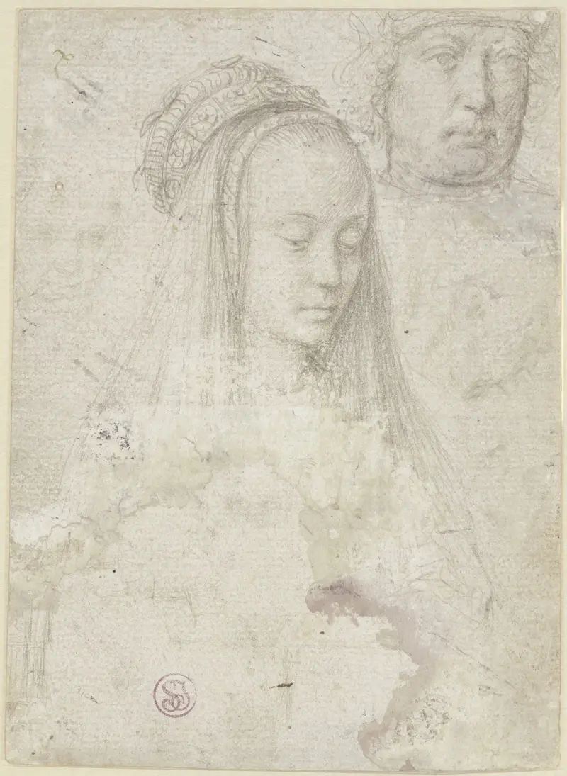 Sidblad ur skissbok med huvudena av en ung kvinna och fyra män samt skiss av en stadssilhuett av Gerard David