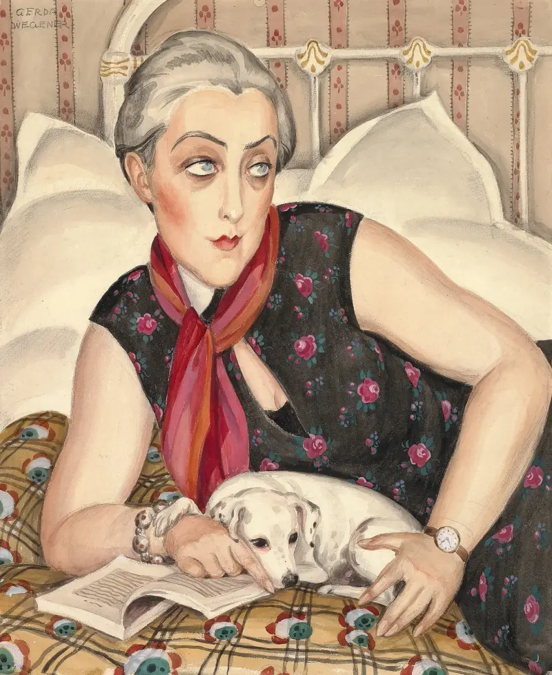Porträtt av en läsande kvinna med hund av Gerda Wegener