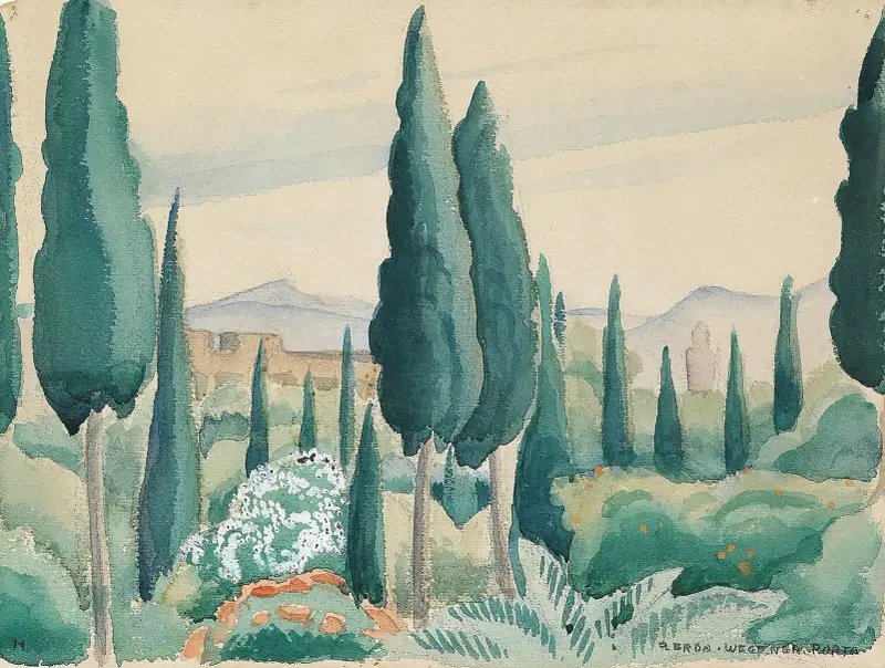 Blick über marokkanische Landschaft, im Vordergrund Pinien von Gerda Wegener