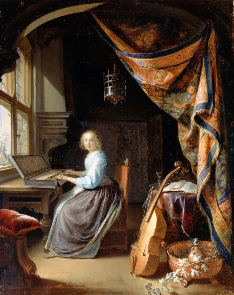 A Woman playing a Clavichord av Gerrit Dou