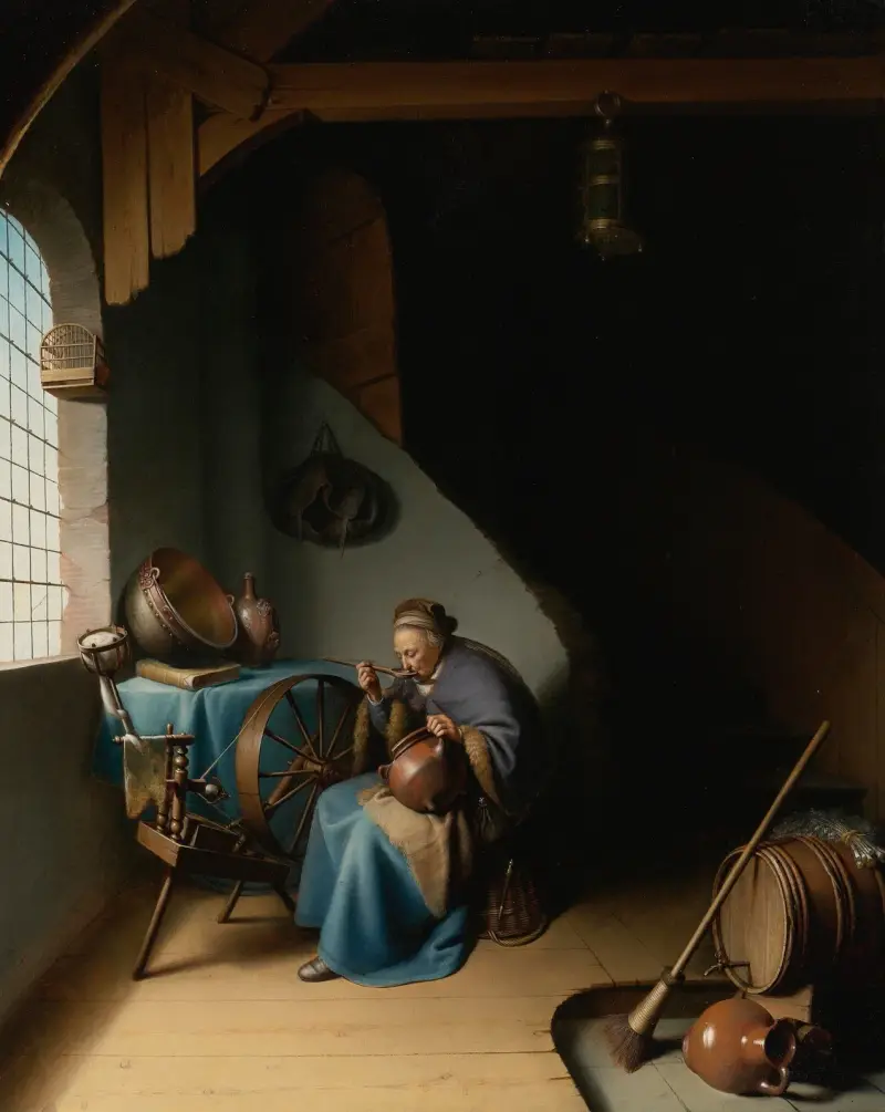 Eine alte Frau, an ihrem Spinnrad am Fenster sitzend, Grütze essend von Gerrit Dou