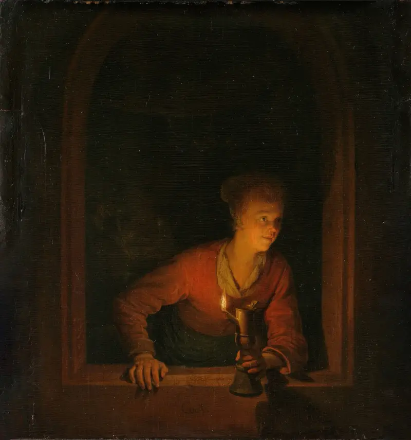 Mädchen mit Öllampe am Fenster von Gerrit Dou