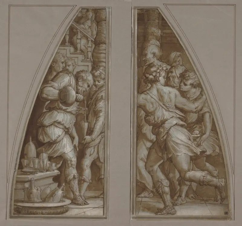 Brodaty mężczyzna napełniający kieliszek i biegnący młodzieniec, Giorgio Vasari