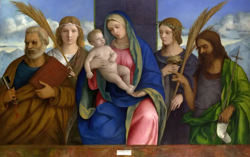Madonnan med barnet och helgon av Giovanni Bellini