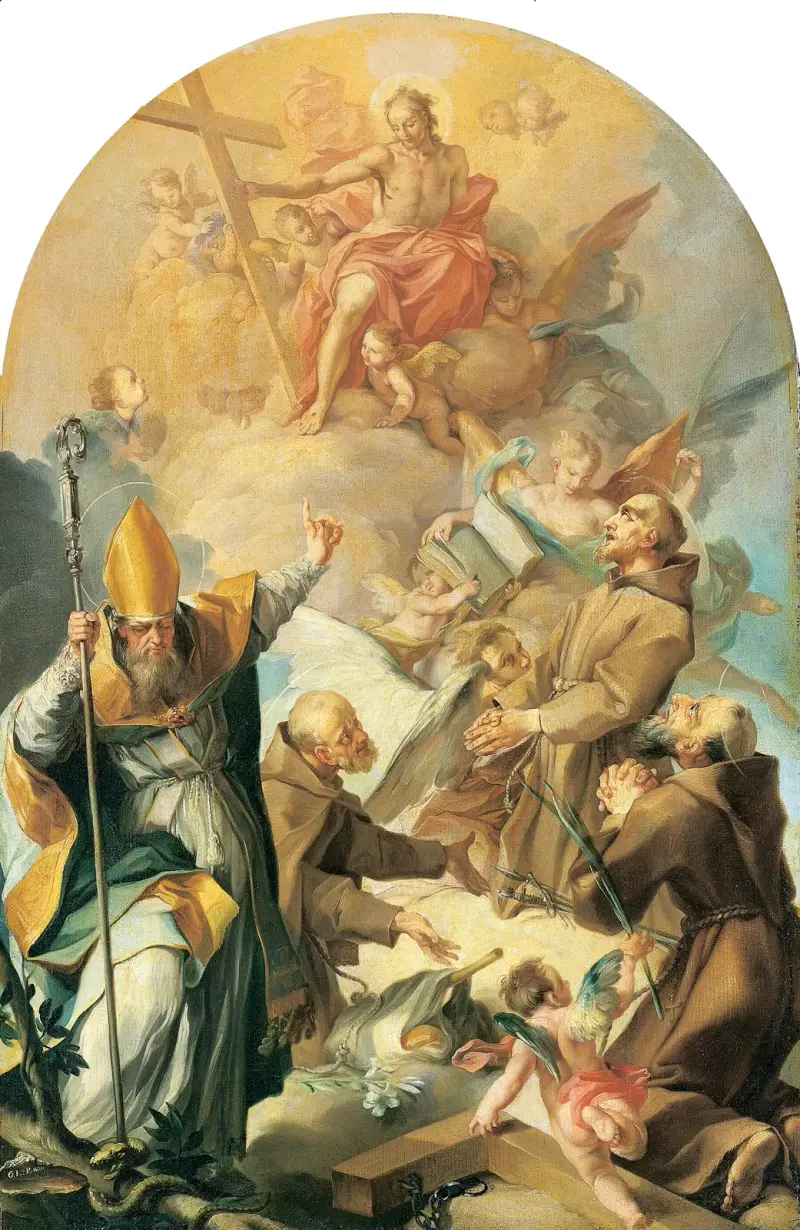 Tre kapucinhelgon och en biskop som tillber Kristus och korset av Giovanni Lanfranco