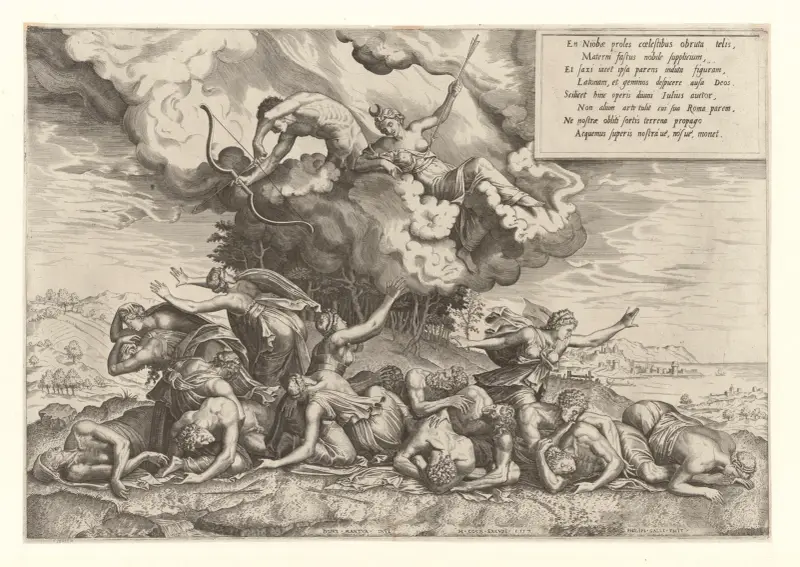 Apollo och Artemis dödar Niobes barn av Giulio Romano