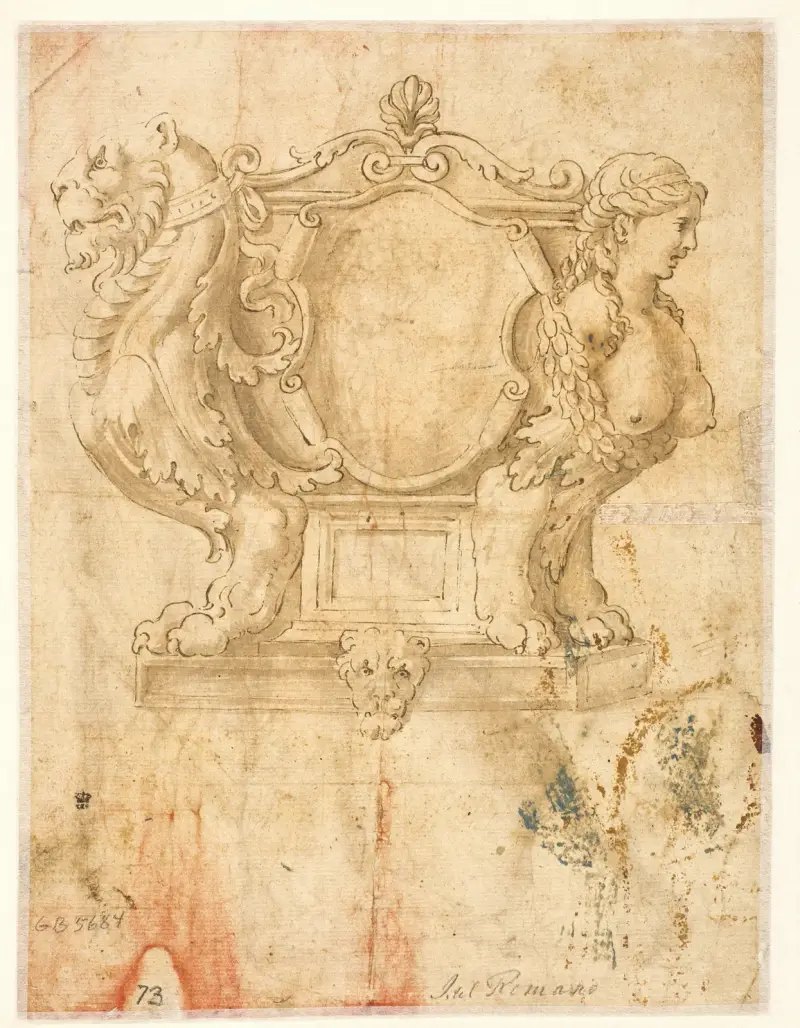 Skulptierte Truhe oder Kiste mit leerem Wappenschild von Giulio Romano