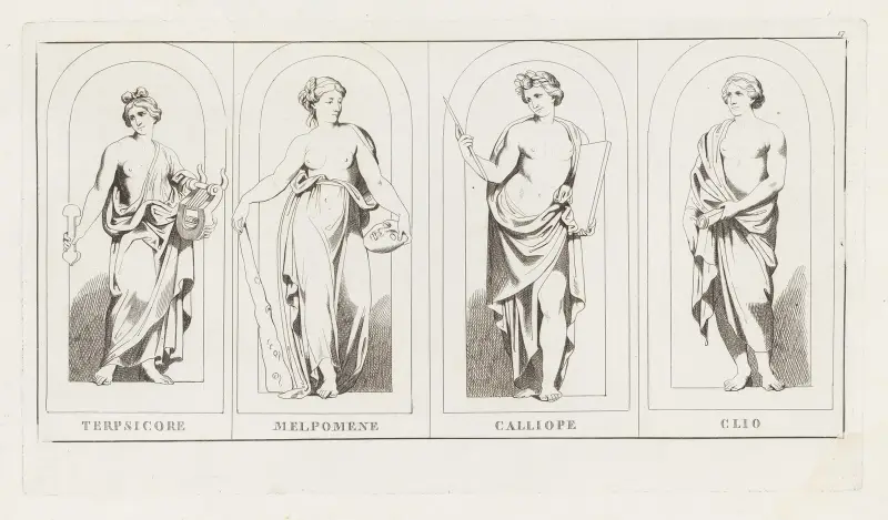 Terpsichore, Melpomene, Calliope, Clio av Giulio Romano