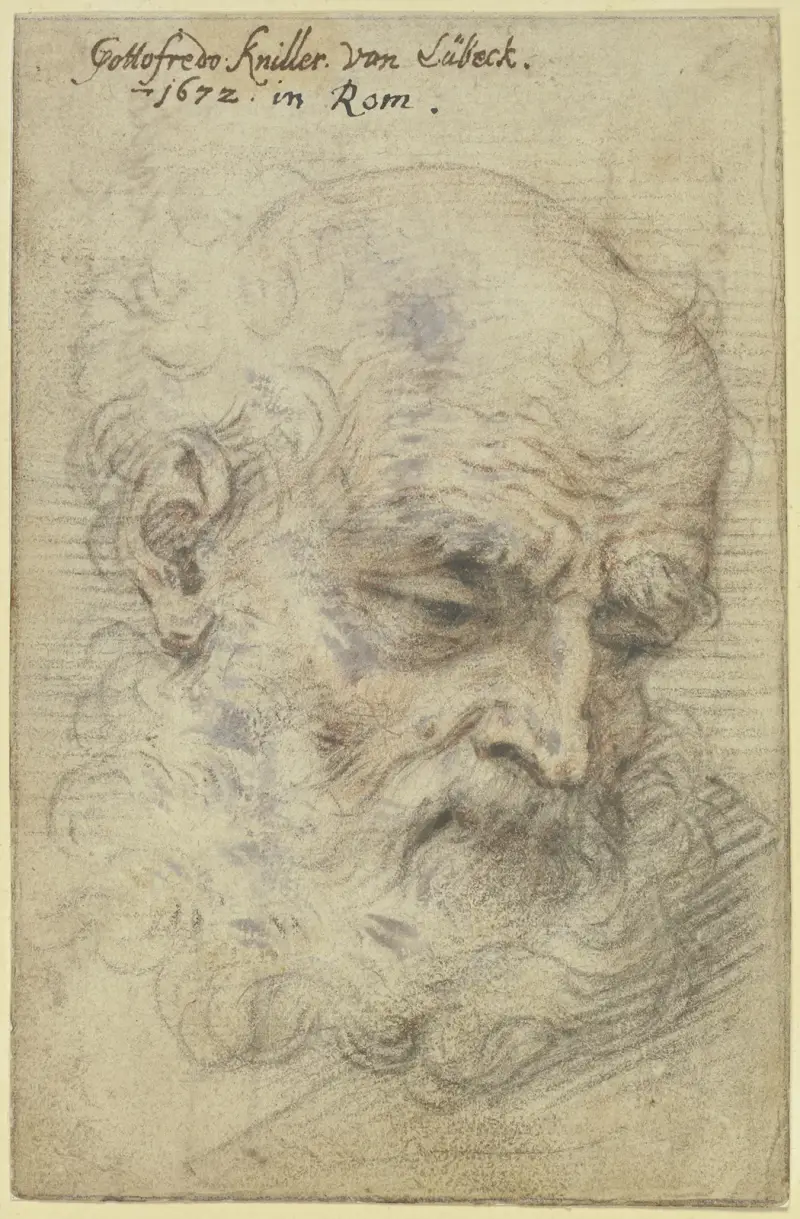 Alter kahlköpfiger bärtiger Mann, nach rechts niederblickend von Sir Godfrey Kneller
