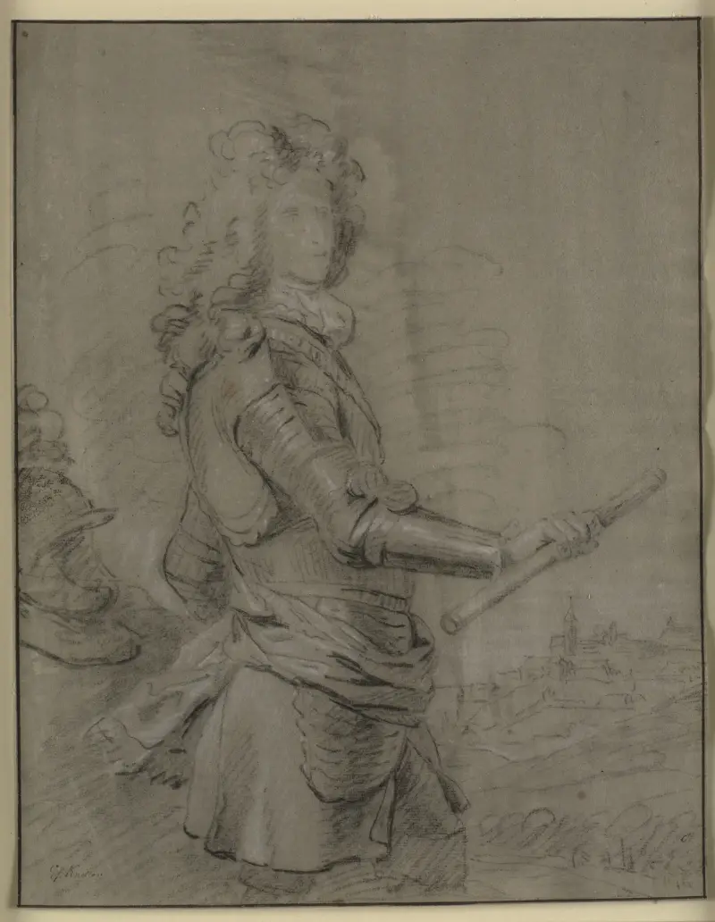 Knäfigurporträtt av en härförare i rustning med stav i höger hand, i bakgrunden ett landskap med en stad av Sir Godfrey Kneller