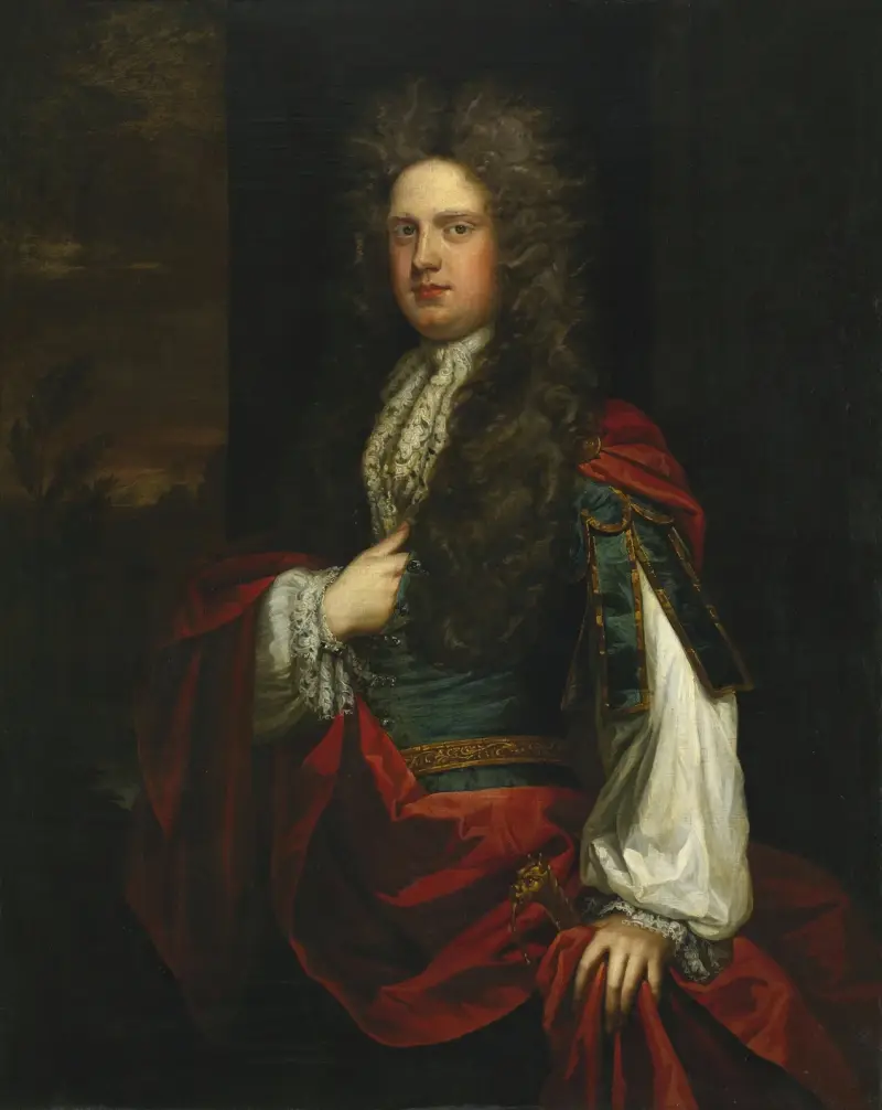 Porträtt av en herre i blått med röd mantel av Sir Godfrey Kneller
