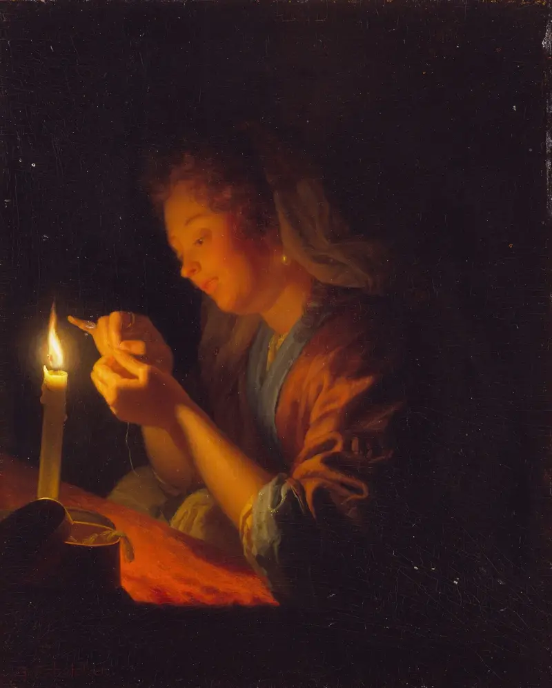 Flicka trär en nål i ljuset av ett stearinljus av Godfried Schalcken