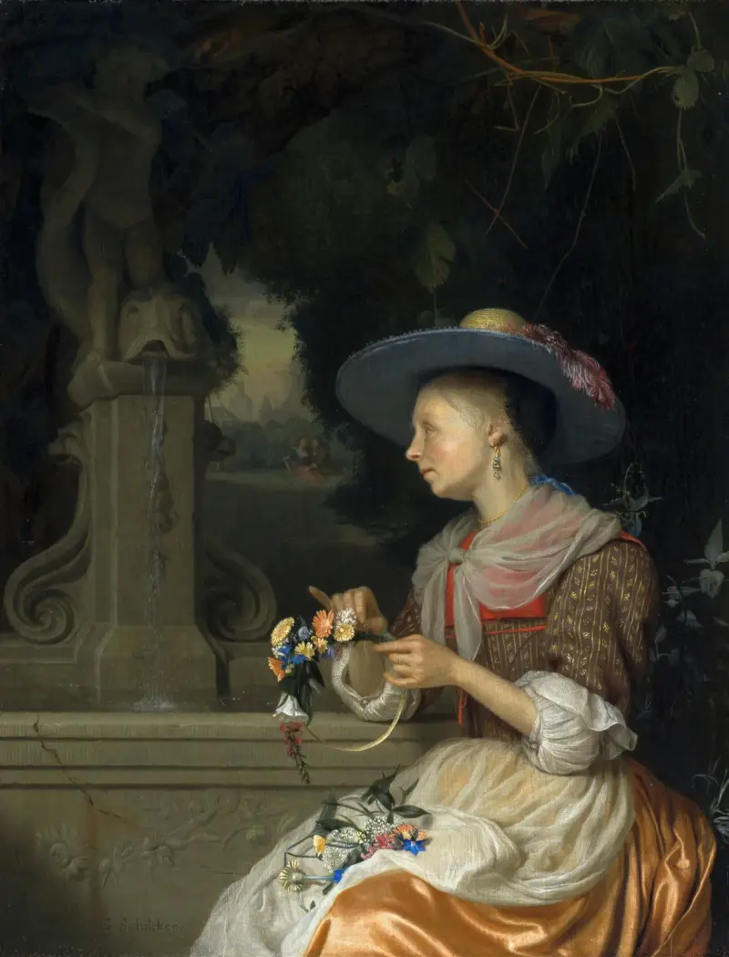 Frau, die einen Blumenkranz flicht von Godfried Schalcken