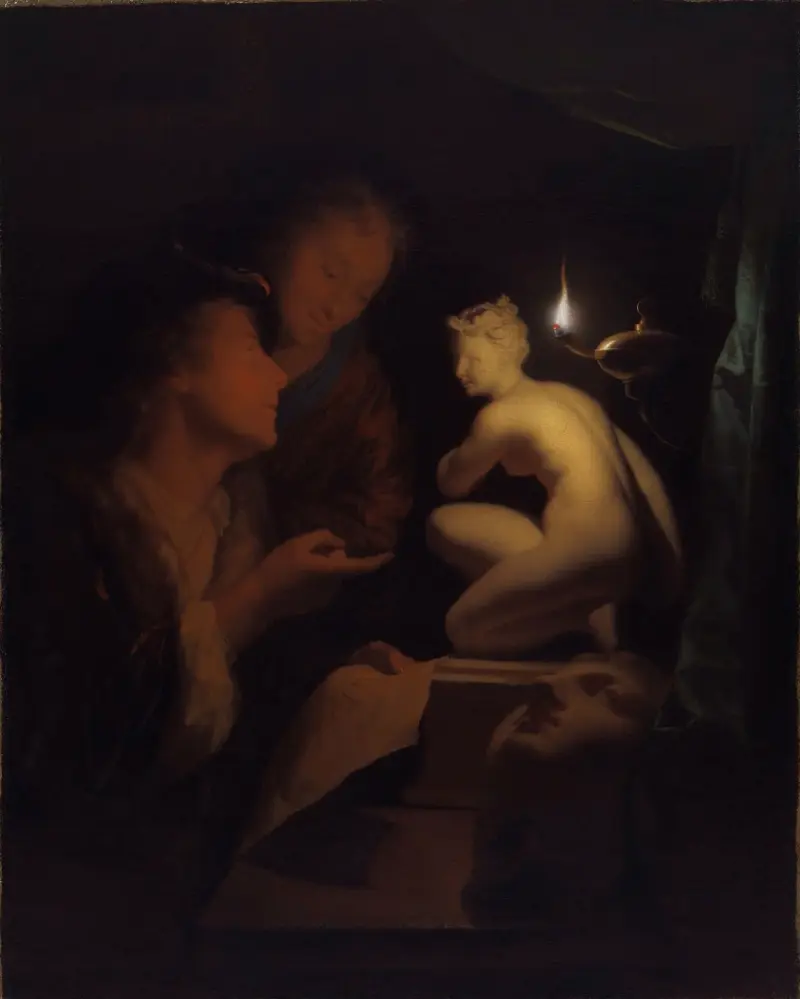 Ung man och kvinna som studerar en Venusstaty i lampljus av Godfried Schalcken