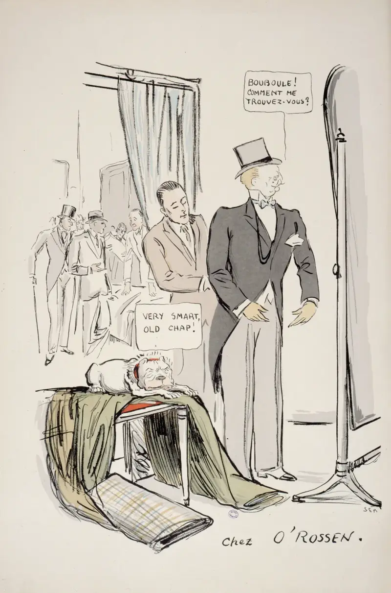 Boni de Castellane und Hündchen Bouboule beim Schneider O' Rossen von Georges Goursat (Sem)