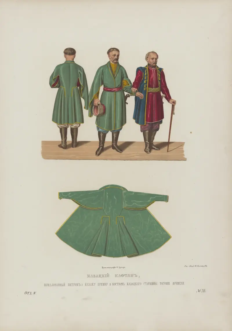 Kazakkkaftan given till kazaken Breshko av Peter I, och kazakisk sergeantsdräkt från samma tid. Dräkt från staden Torzjok av Fedor Grigoryevich Solntsev
