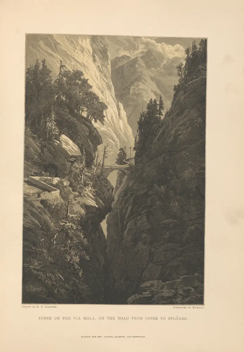 Scen på Via Mala, på vägen från Chur till Splügen av Theodor Gsell Fels