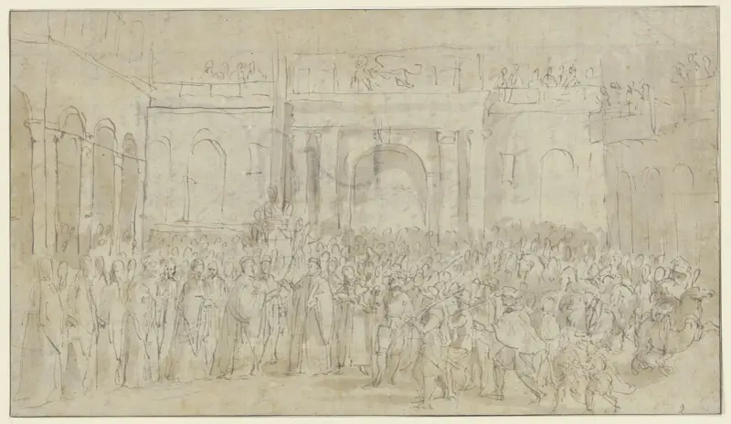 Vid en stadsport tar magistraten emot en armé av Guido Reni