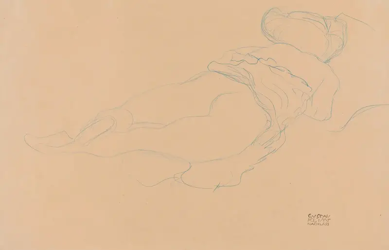 Halvakt liggande på mage mot höger, 1910 av Gustav Klimt