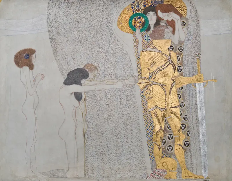 Beethovenfries: Die Leiden der schwachen Menschheit und Der wohlgerüstete Starke von Gustav Klimt