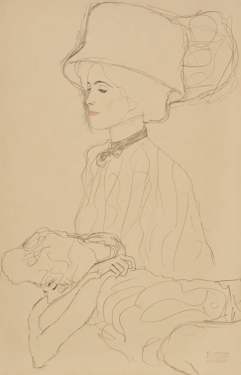 Porträttskiss med hög hatt och liggande kvinna av Gustav Klimt