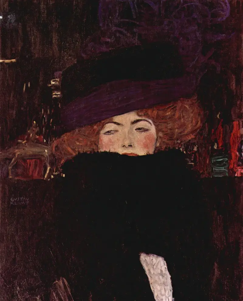 Damen med hatt och fjäderboa av Gustav Klimt