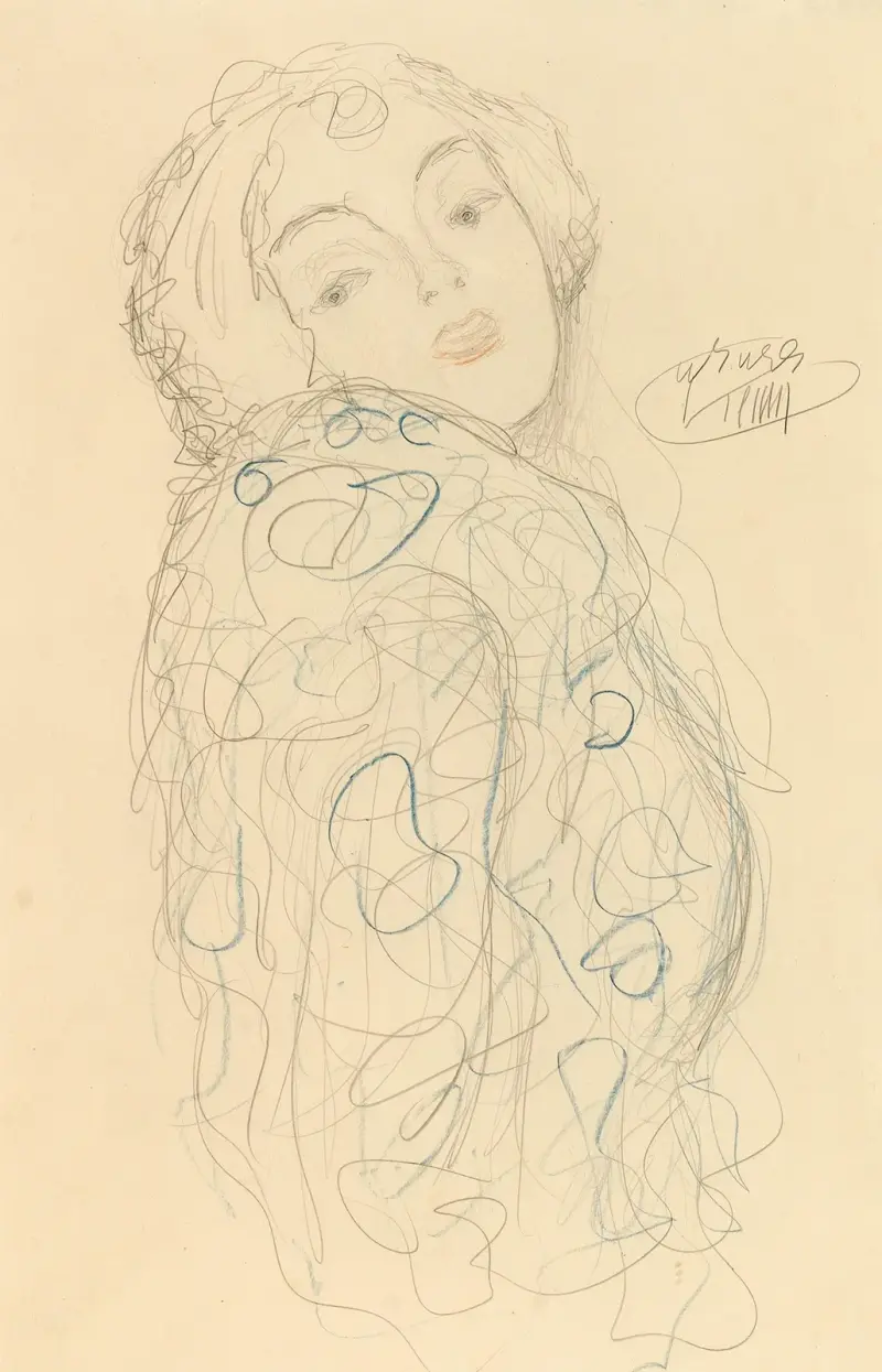 Porträttbyst av dam till höger, huvudet vänt framåt av Gustav Klimt