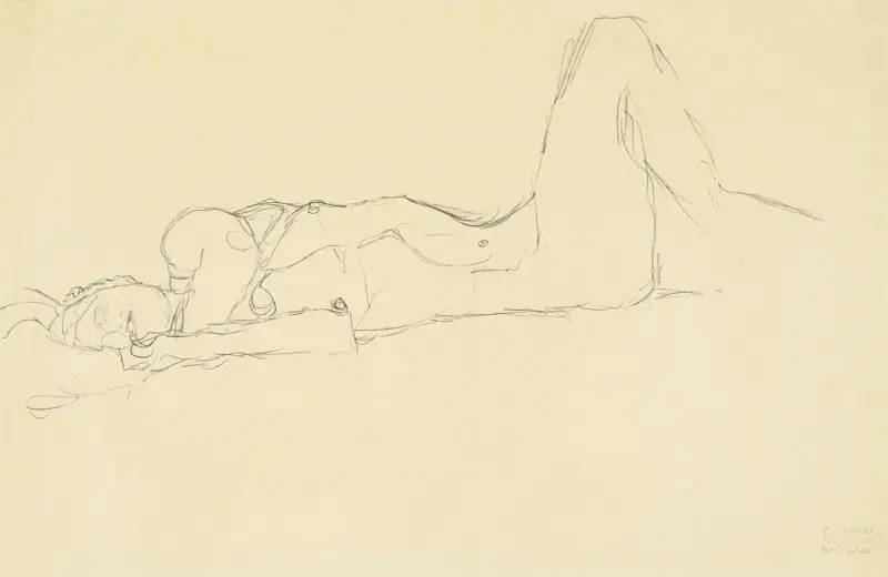 Liggande akt med uppdraget höger ben av Gustav Klimt