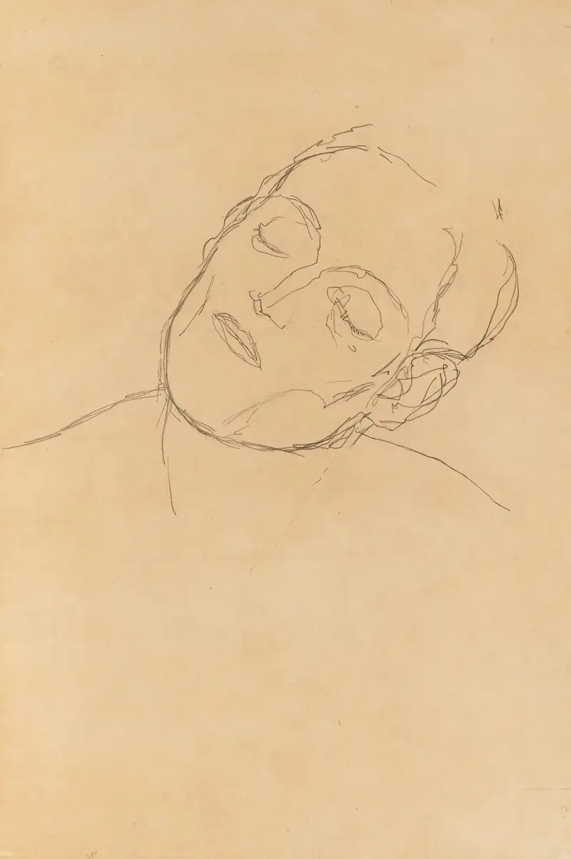 Manligt huvud vänt åt höger med slutna ögon av Gustav Klimt