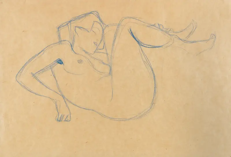 Hukande kvinnlig nakenakt med uppdragna ben av Gustav Klimt
