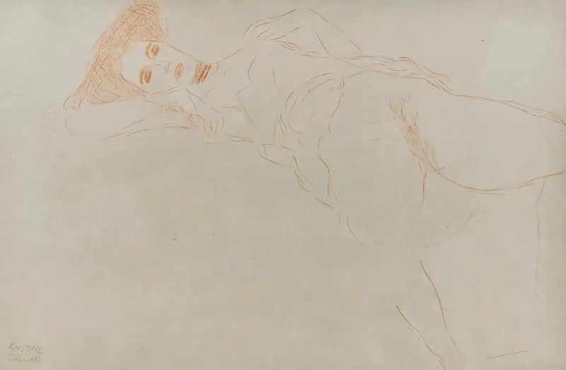 Liggande akt åt vänster med särade ben av Gustav Klimt