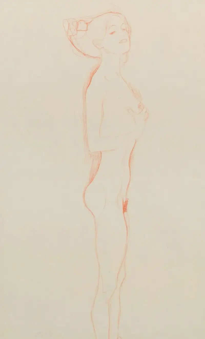 Naked Girl Standing, with Right Hand to Breast av Gustav Klimt