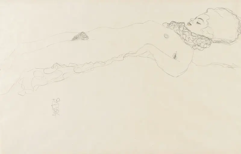 Naken flicka med krås, liggande av Gustav Klimt