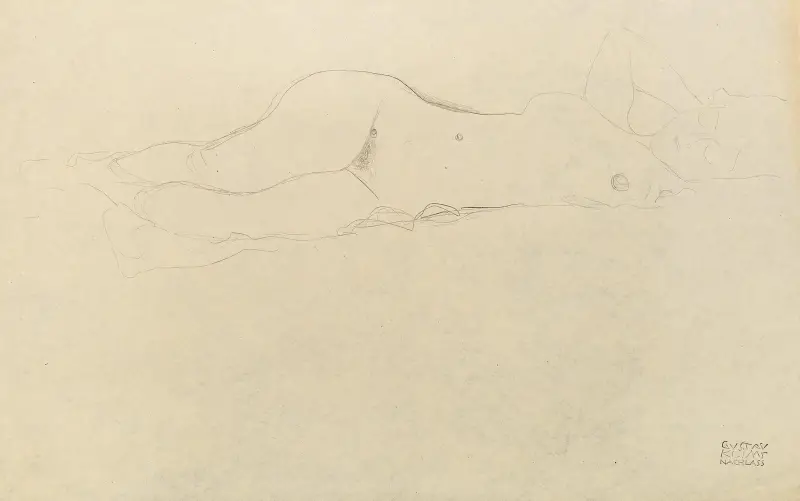 Liggande kvinnlig nakenakt med händerna bakom huvudet av Gustav Klimt