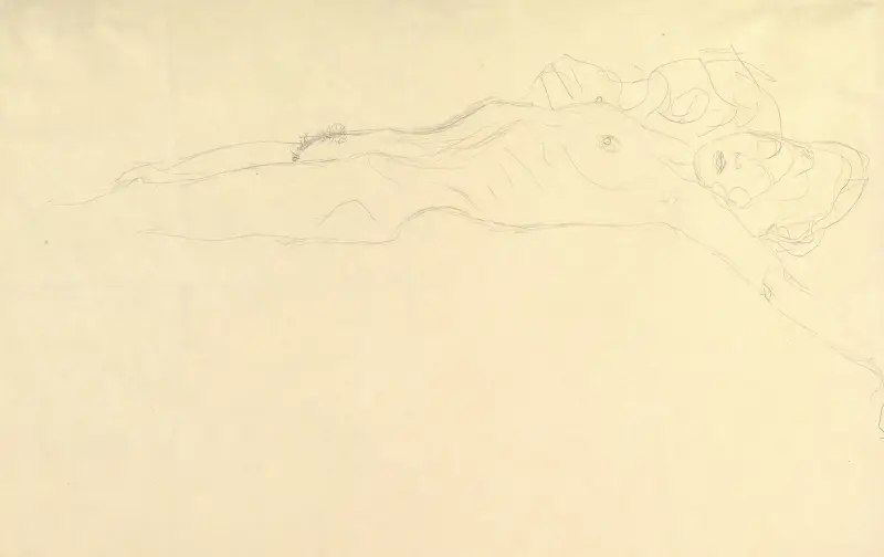 Reclining Nude with Outstretched Left Arm av Gustav Klimt