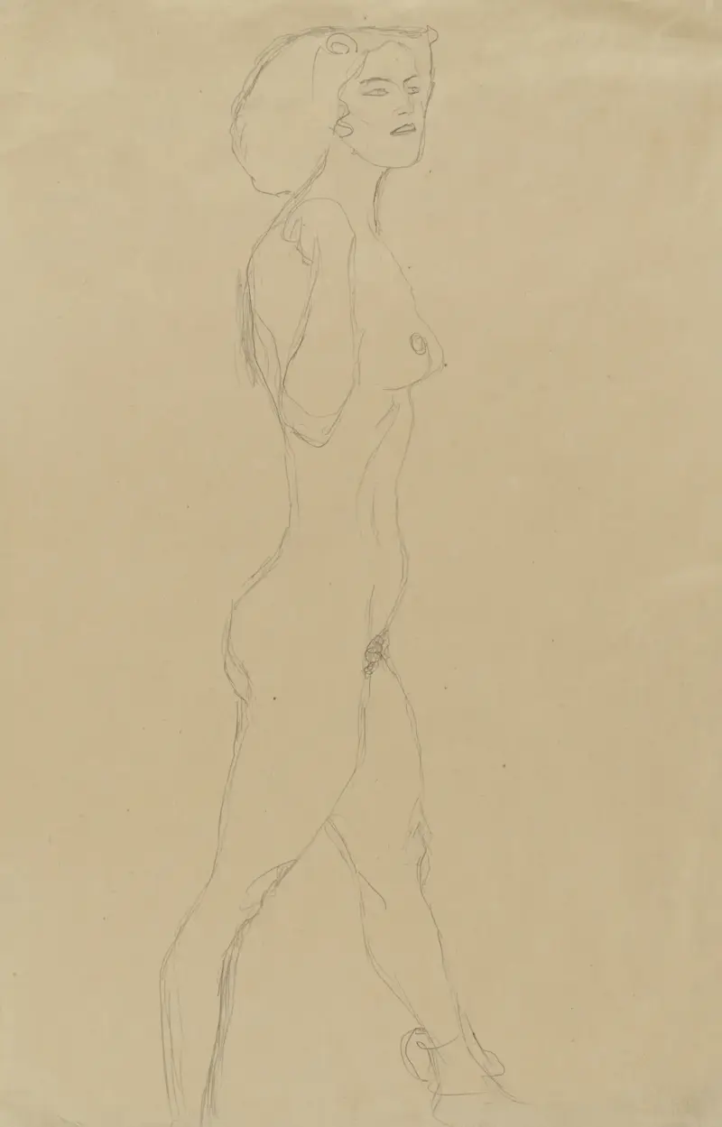 Schreitende (Die rechte Hand an der Schulter, das Gesicht im Dreiviertelprofil) av Gustav Klimt