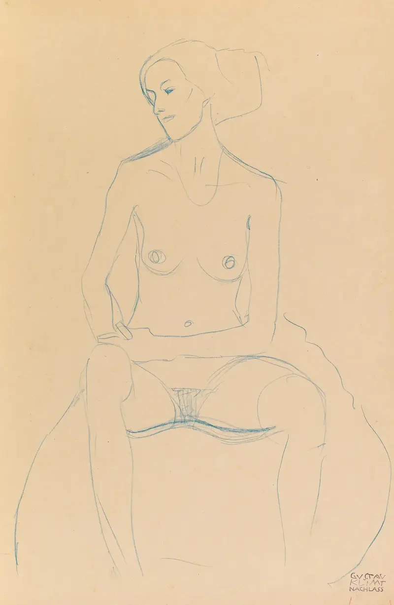 Sittande naken flicka framifrån med uppdragna ben av Gustav Klimt