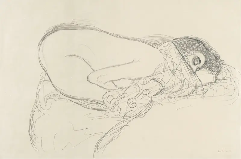 Halb nackt, sich vorbeugend (Vorstudie für das Gemälde Leda) von Gustav Klimt
