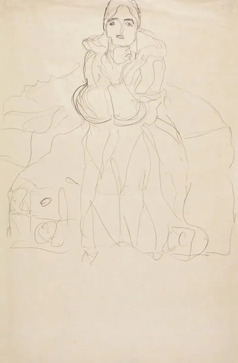 Sittande framifrån med hakan stödd i handen av Gustav Klimt