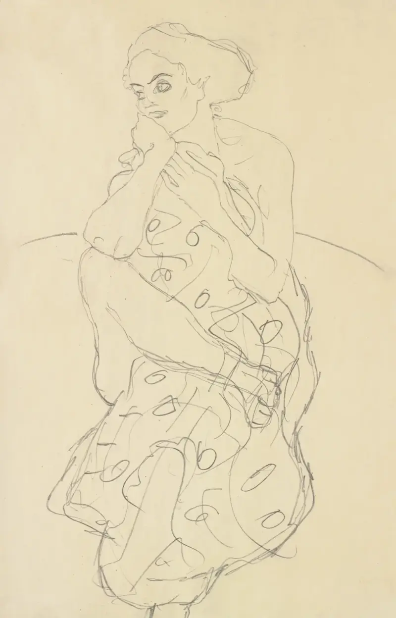 Sitzender Halbakt von vorne, den Kopf nach links gewendet (Seated Semi-Nude Seen Head-on with Her Head Turned to the Left) av Gustav Klimt