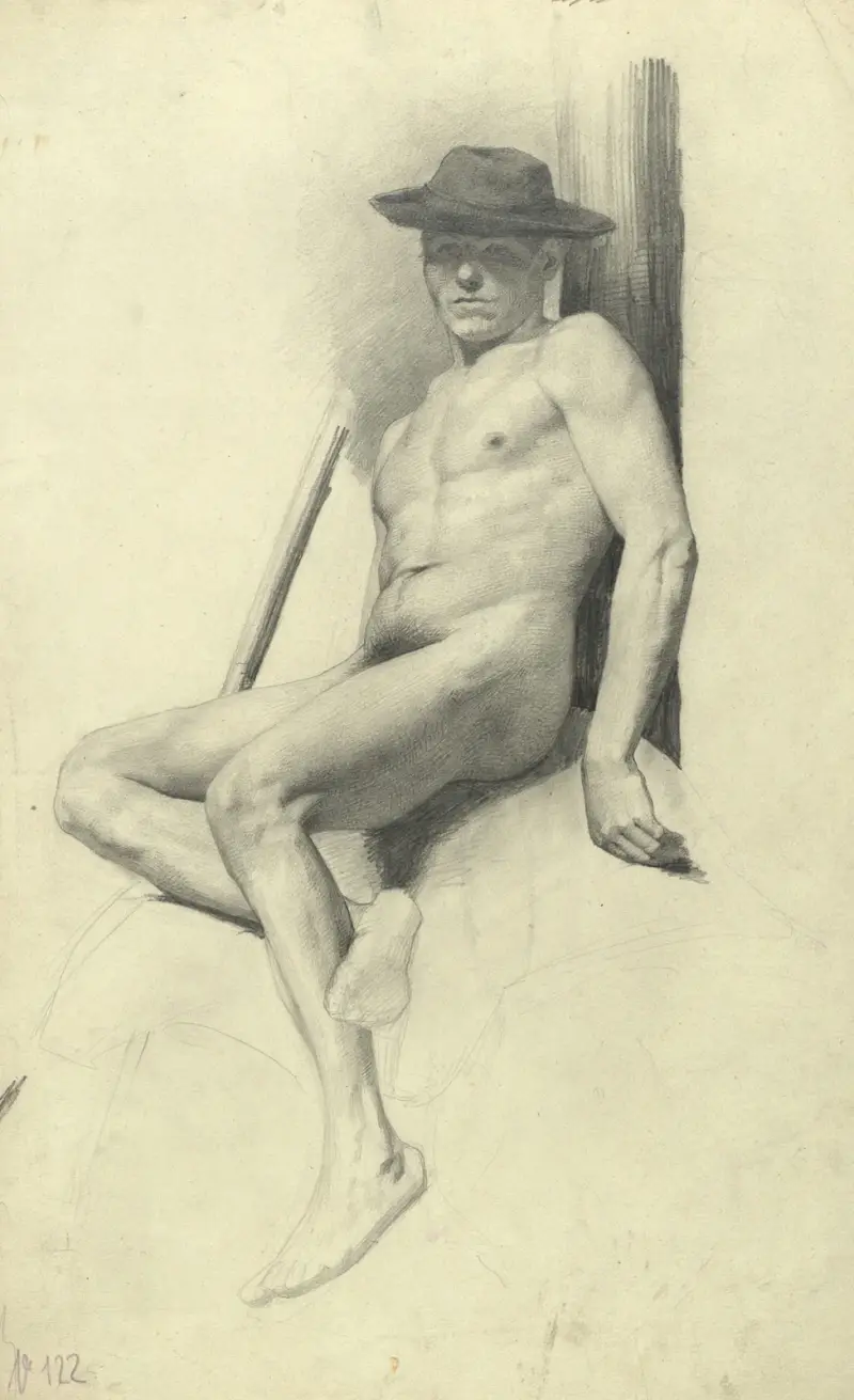Sitzender männlicher Akt mit Hut von Gustav Klimt