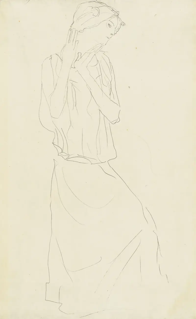 Stehend mit erhobenem Unterarmen nach rechts (Studie für die Tänzerin) av Gustav Klimt
