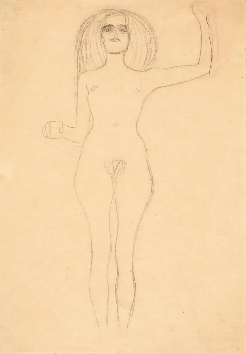 Stående akt framifrån med höjd vänster arm av Gustav Klimt