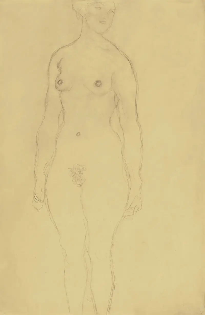 Stående akt framifrån, blickande åt höger av Gustav Klimt